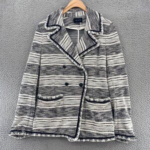 1 STATE Jacket Womens 8 White Striped Tweed Fringe Double Breasted Button Pocket